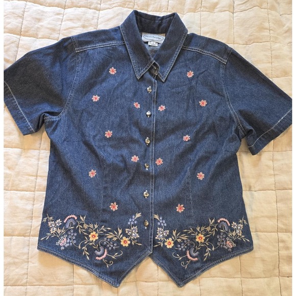 Vintage Stonebridge Denim Button Up Top Shirt Short Sleeve 14 Floral Embroidery - Picture 9 of 9